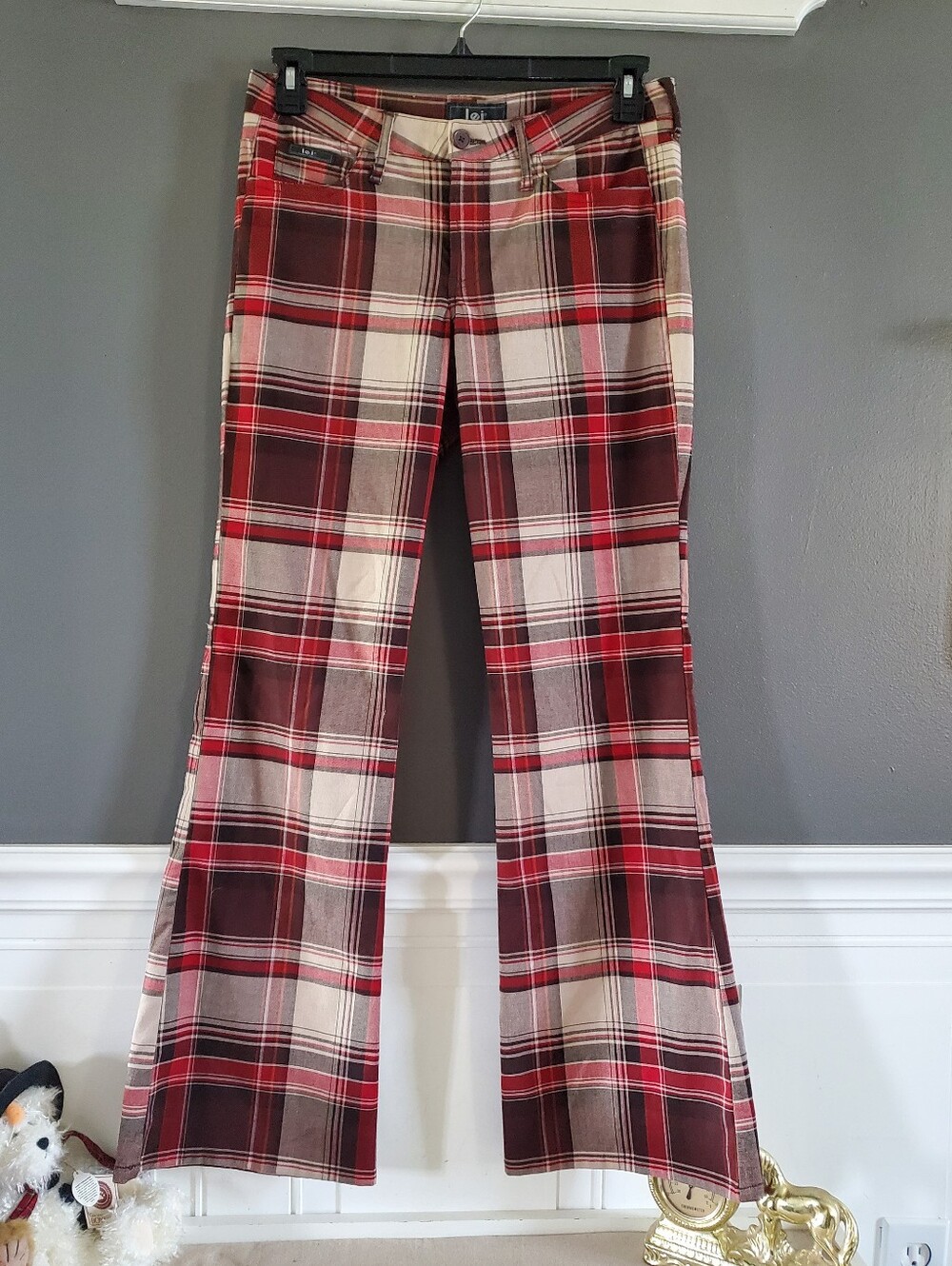 L.E.I. Y2K intage Plaid Red Brown Tartan Low Rise Flares 11